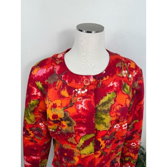 Chico's Womens Orange Red Watercolor Floral Button Jacket Size 3/XL Artsy Retro - Picture 6 of 13